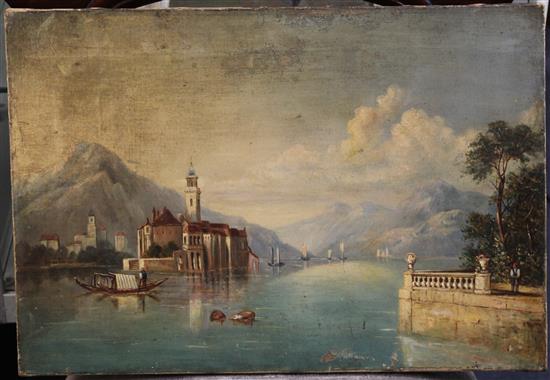 Late 19th century English School Italian lake scene, 13 x 19in., unframed